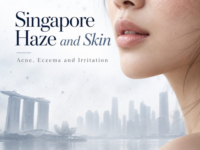 Singapore Haze and Skin cover with a facial close up and an illustrated hazy Marina Bay skyline.