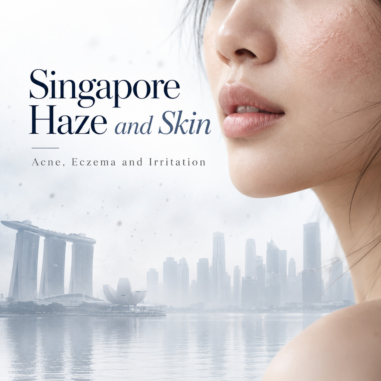 Singapore Haze and Skin cover with a facial close up and an illustrated hazy Marina Bay skyline.