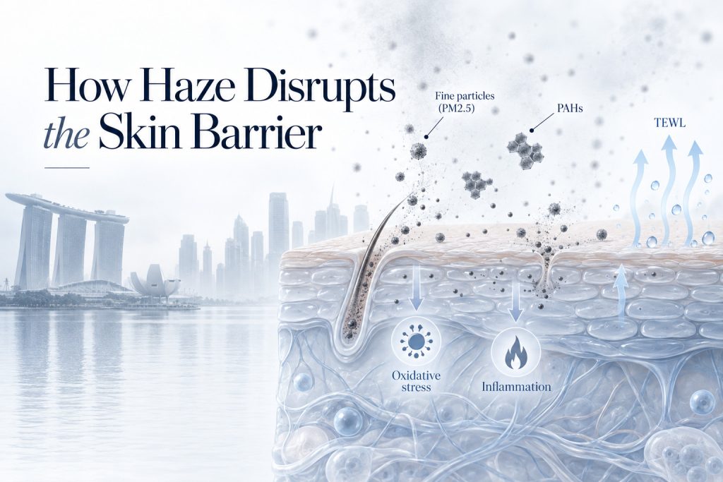 Skin cross section illustrating haze particles, oxidative stress, inflammation and moisture loss through the skin barrier.