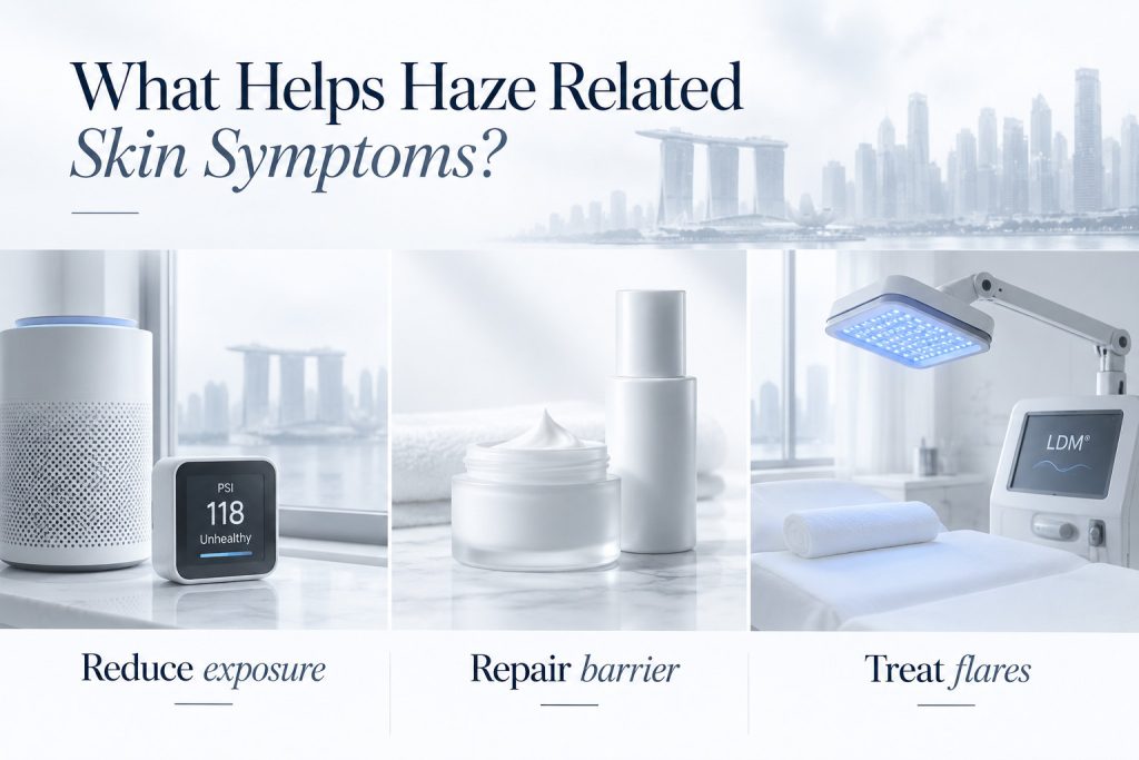 Three panel haze care graphic showing an air purifier, moisturiser and clinic equipment under exposure, barrier and flare management.