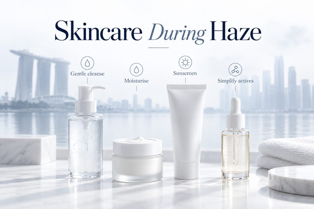 Unbranded skincare illustrations labelled gentle cleanse, moisturise, sunscreen and simplify actives, against a hazy skyline.