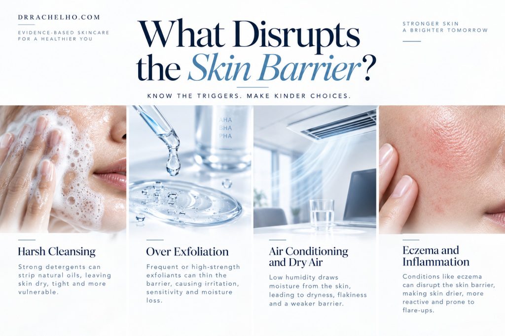 Four panel infographic showing harsh cleansing, excessive exfoliation, dry indoor air and eczema as contributors to skin barrier disruption.