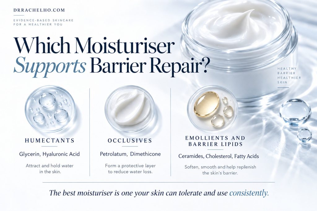 Moisturiser ingredient chart comparing humectants, occlusives, emollients and barrier lipids, with examples and their roles in skin barrier care.