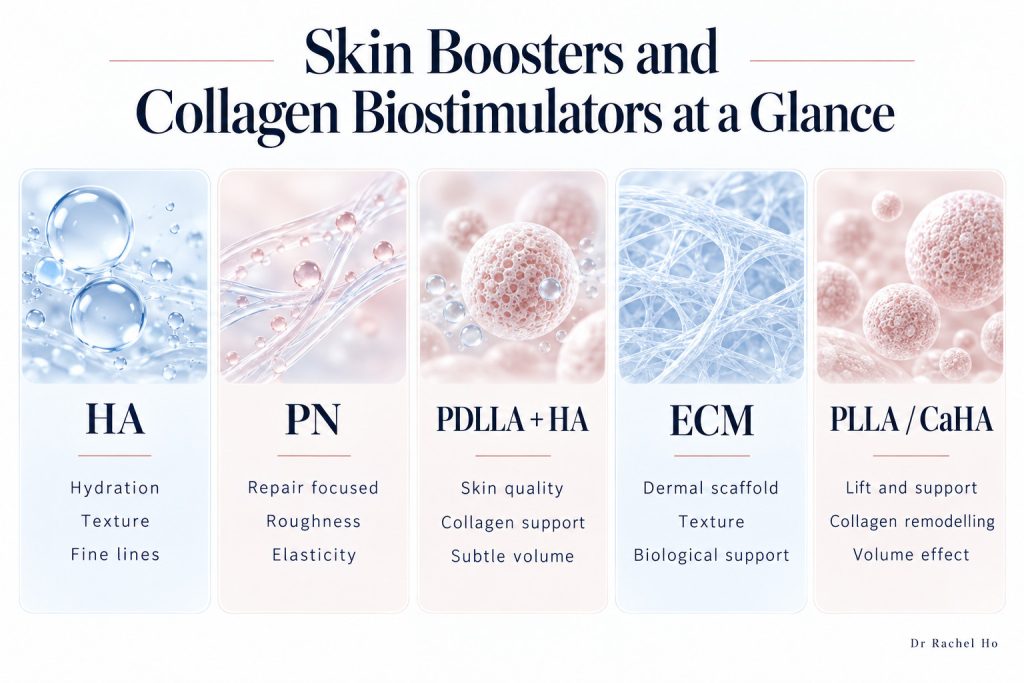 Comparison chart of HA, PN, PDLLA with HA, ECM, PLLA and CaHA across skin quality and structural treatment goals.