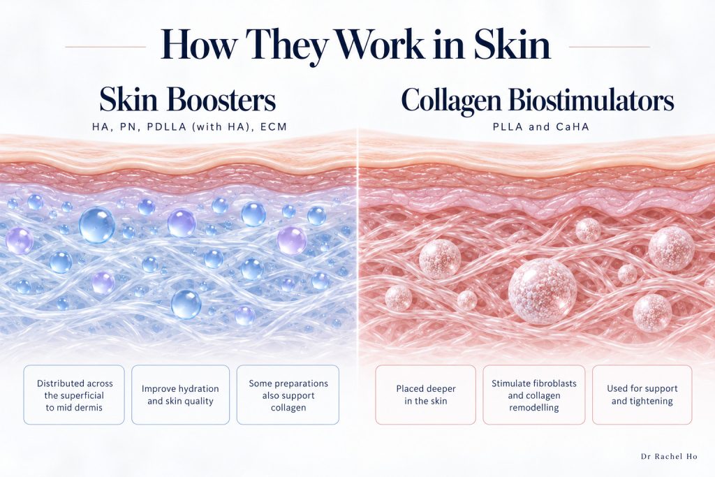 Illustrative skin cross section comparing the distribution of skin booster preparations and collagen stimulating particles.