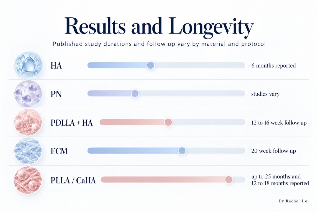 Study timeline summary for HA, PN, PDLLA with HA, ECM, PLLA and CaHA, showing reported effects and follow up periods.