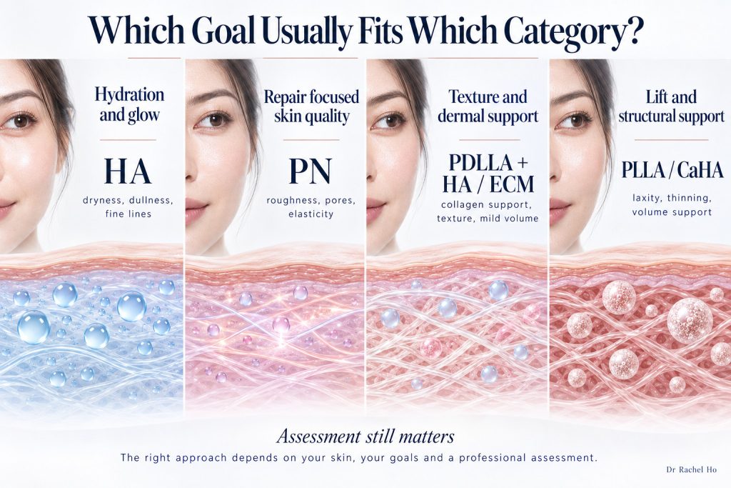 Four panel guide comparing skin booster and collagen biostimulator treatment goals, from hydration and texture to structural support.