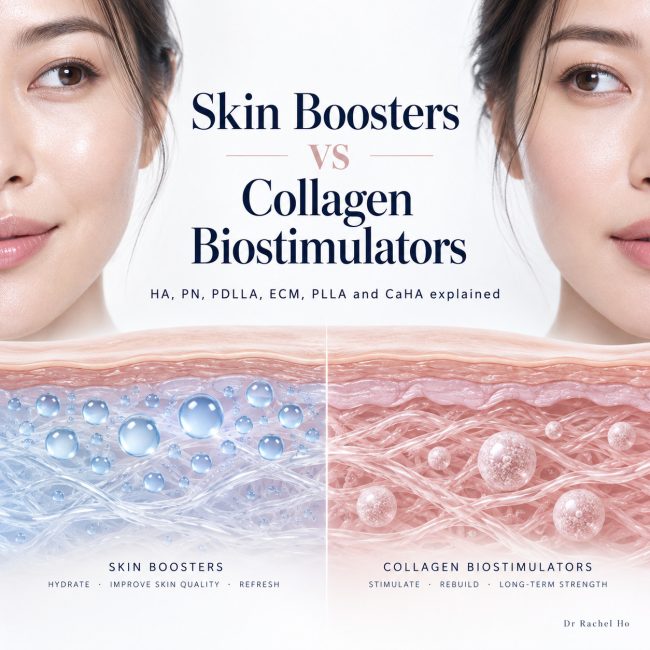 Skin boosters versus collagen biostimulators, illustrated with facial close ups and a side by side skin cross section.