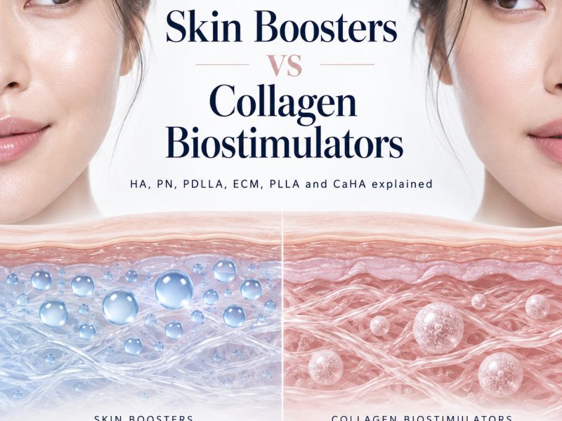 Skin boosters versus collagen biostimulators, illustrated with facial close ups and a side by side skin cross section.