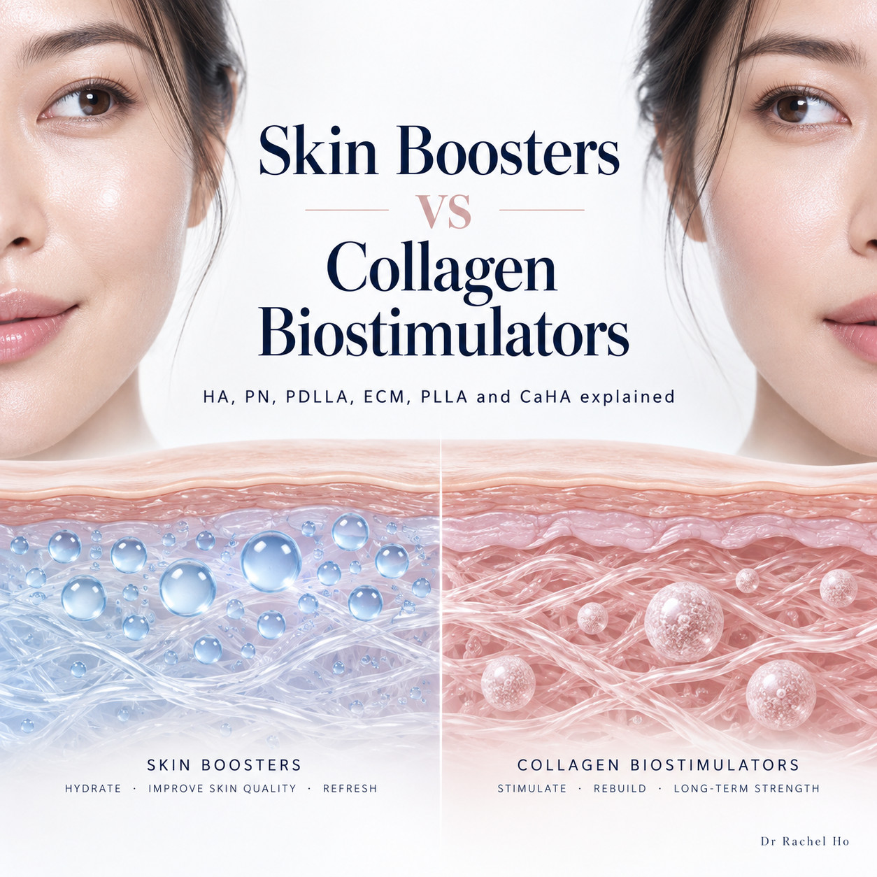 Skin boosters versus collagen biostimulators, illustrated with facial close ups and a side by side skin cross section.