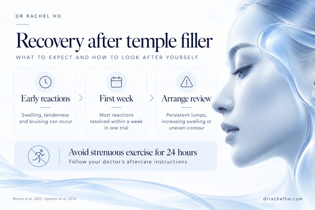 Recovery after temple filler infographic showing early swelling bruising first week changes and when to arrange a review