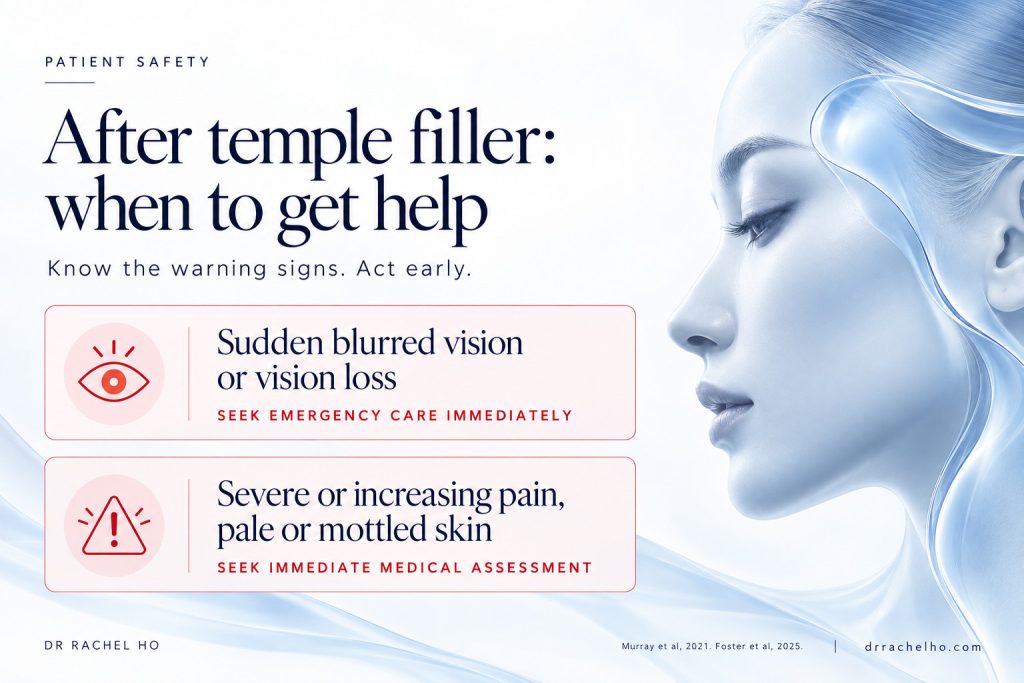 Safety infographic showing urgent warning signs after temple filler including blurred vision vision loss severe pain and pale or mottled skin