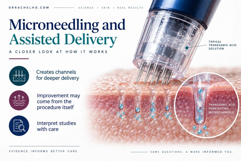 Illustrated microneedling applicator and skin microchannels explaining assisted tranexamic acid delivery for melasma.