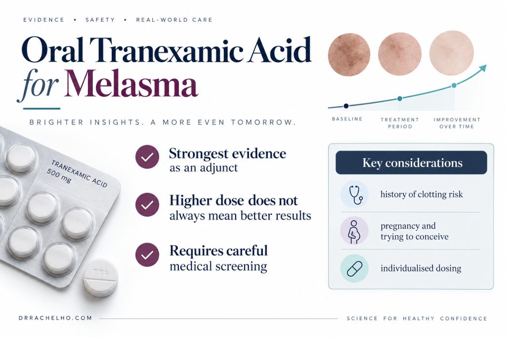 Oral tranexamic acid for melasma infographic with tablets, an illustrative progress diagram and medical screening considerations.