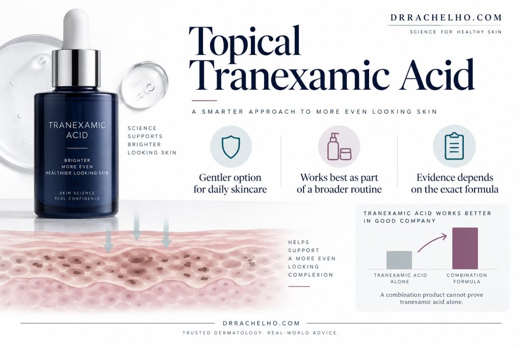 Illustrated serum bottle and skin layers summarising topical tranexamic acid formulation, tolerability and combination skincare.