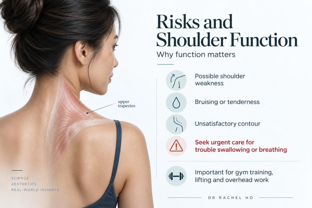 Infographic on TrapTox risks showing possible shoulder weakness bruising tenderness unsatisfactory contour and importance of shoulder function