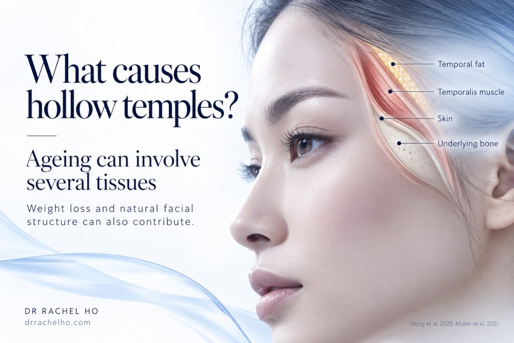 Medical illustration showing the causes of hollow temples including temporal fat temporalis muscle skin and underlying bone