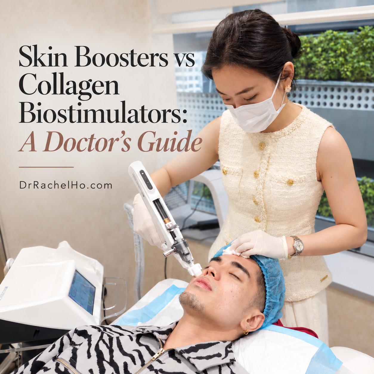 Dr Rachel Ho administering Juveloook skin booster to a patient using a micro injector gun