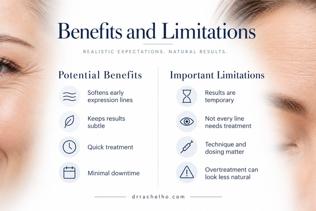 Baby Botox benefits and limitations, including softer expression lines, temporary effects and the importance of individualised dosing.