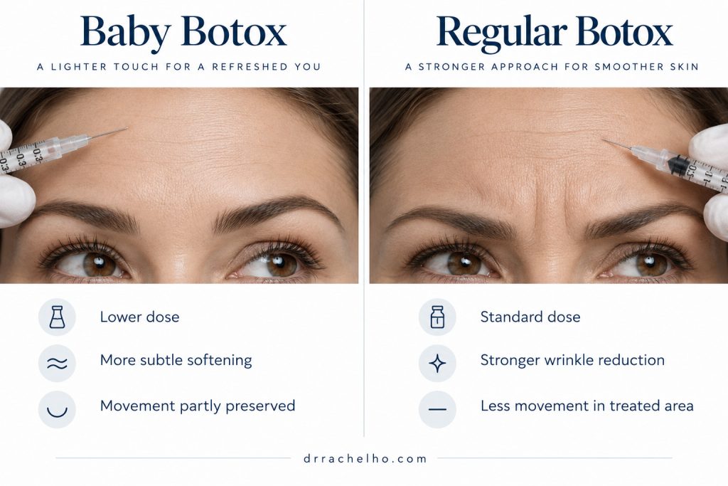 Baby Botox and regular Botox comparison showing differences in dose, wrinkle reduction and retained facial movement.