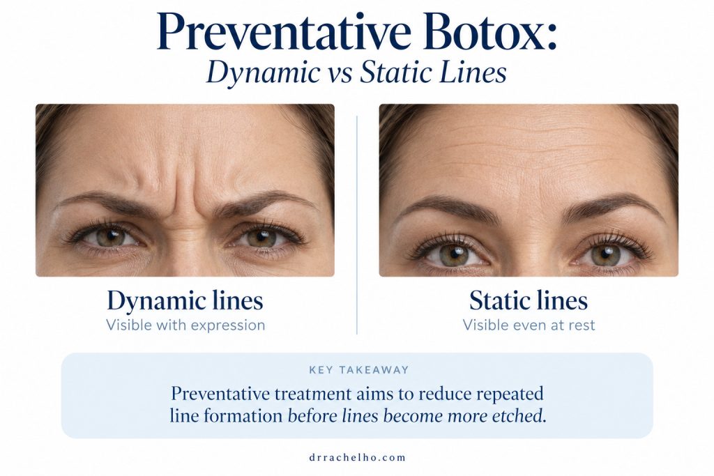 Dynamic lines during frowning compared with static lines visible at rest in a preventative Botox explainer.