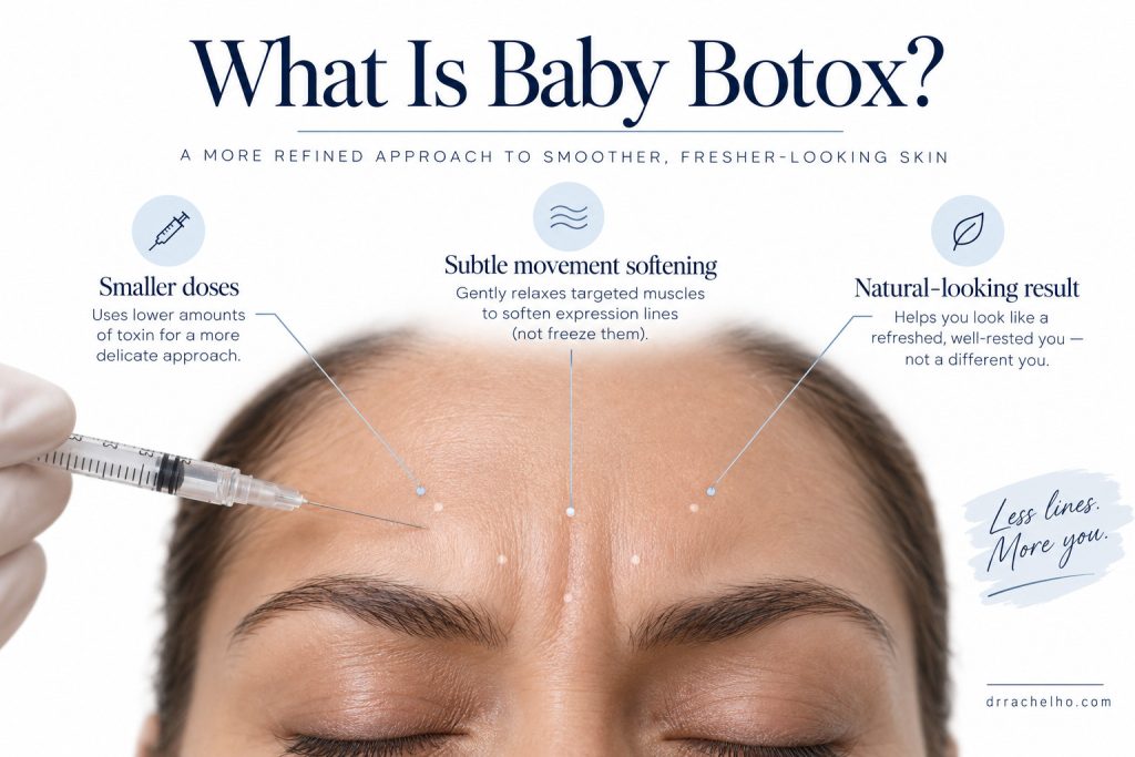 Baby Botox diagram showing smaller doses, softer expression lines and the aim of retaining natural facial movement.