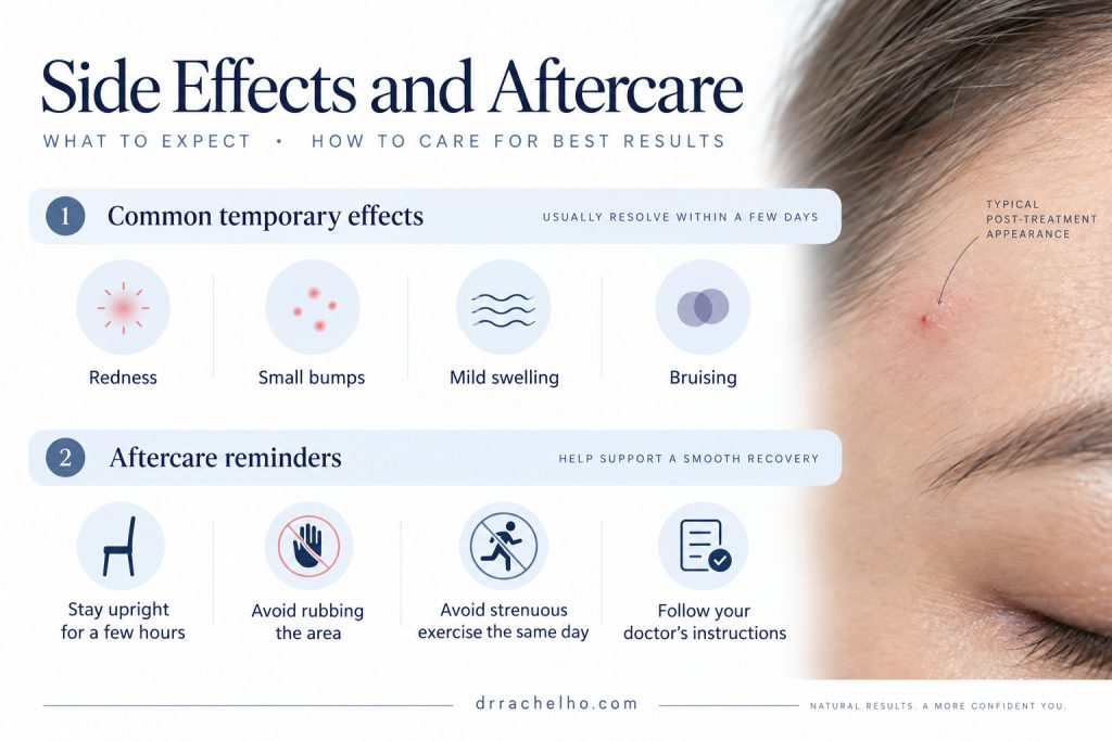 Baby Botox aftercare infographic showing redness, small bumps, swelling and bruising, alongside care reminders.