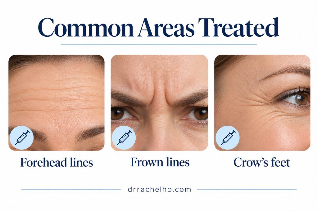 Baby Botox treatment areas illustrated with close-ups of forehead lines, frown lines between the eyebrows and crow’s feet.