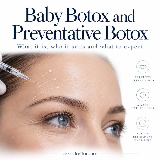 Baby Botox and preventative Botox guide with a cropped forehead and eye area, a syringe and treatment overview icons.