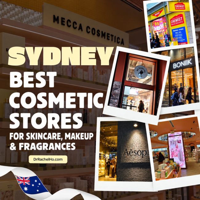 Collage of six Sydney cosmetic shops: MECCA, Chemist Warehouse, MD Ranking, BONIIK, Aesop and W Cosmetics.