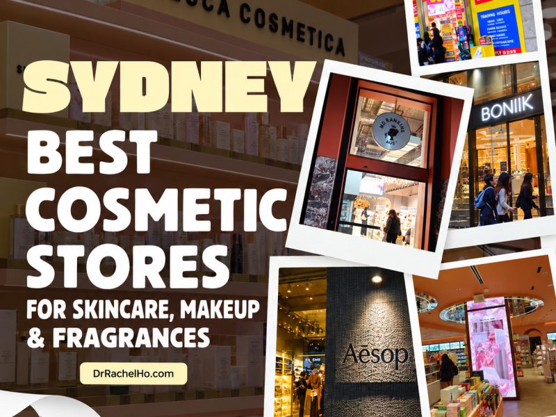 Collage of six Sydney cosmetic shops: MECCA, Chemist Warehouse, MD Ranking, BONIIK, Aesop and W Cosmetics.
