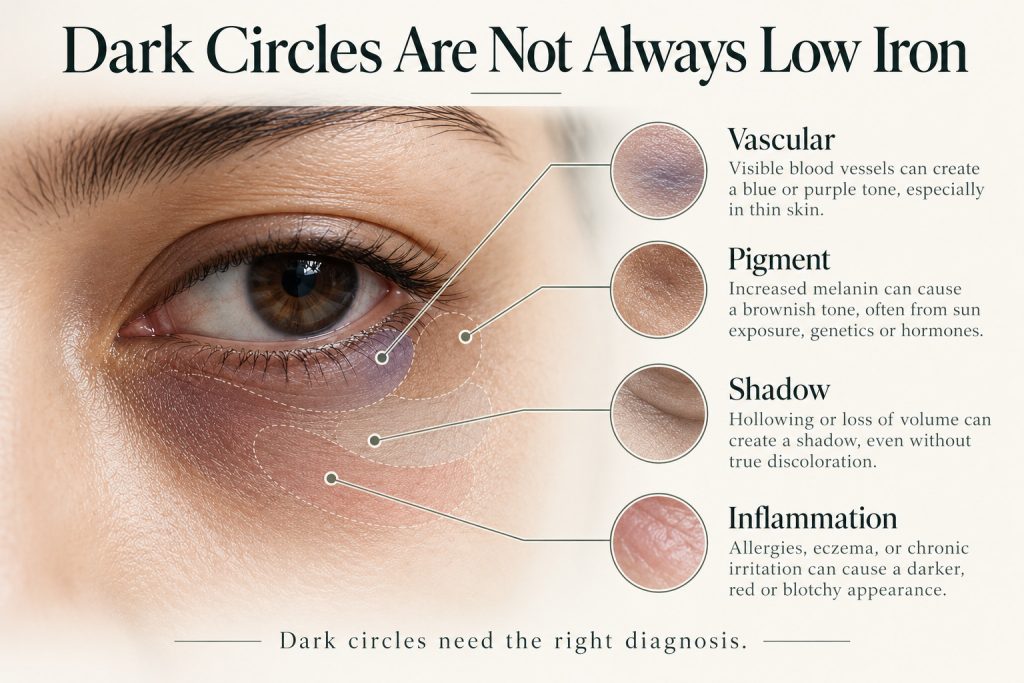 Educational graphic showing the different causes of dark circles including vascular, pigment, shadow and inflammation, with emphasis that they are not always due to low iron.