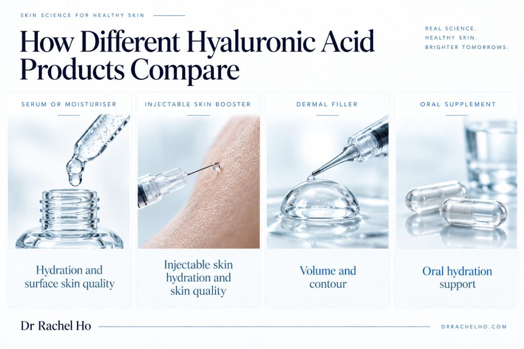 Comparison of hyaluronic acid serum, injectable skin booster, dermal filler and oral supplement.