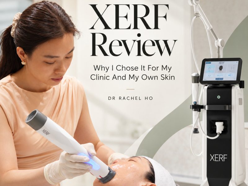 XERF review cover combining a treatment scene and device image with a title about choosing XERF for clinic and personal use.