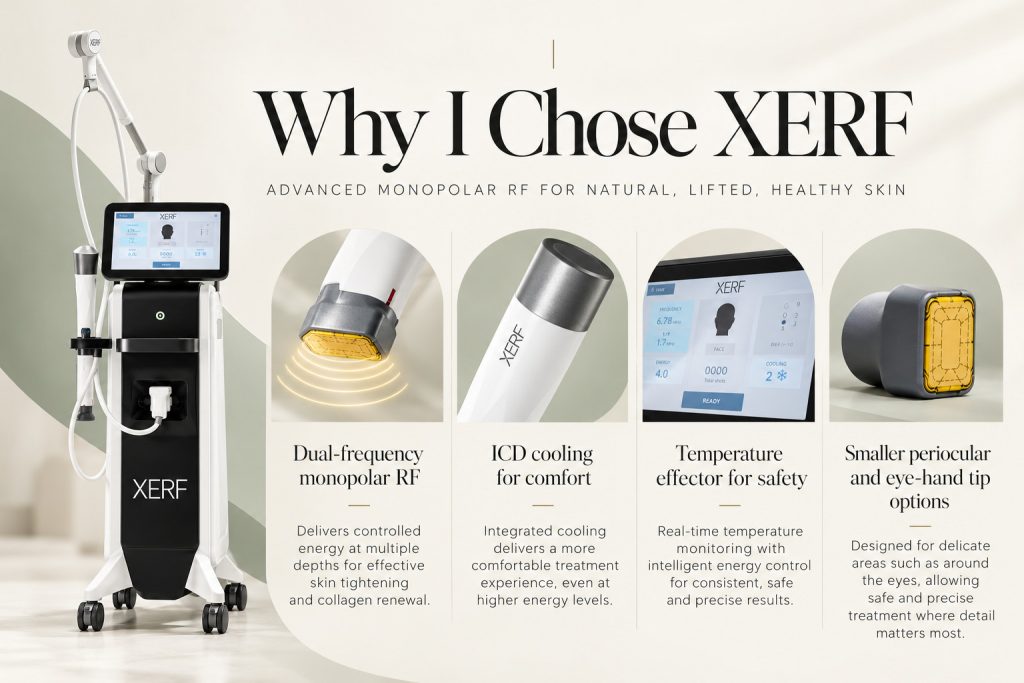 XERF device and applicators with callouts for dual-frequency RF, ICD cooling, temperature monitoring and treatment tip options.