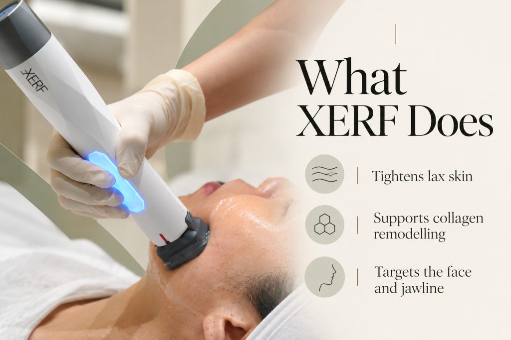 XERF applicator on a cheek beside an explanation of skin tightening, collagen remodelling and facial treatment areas.