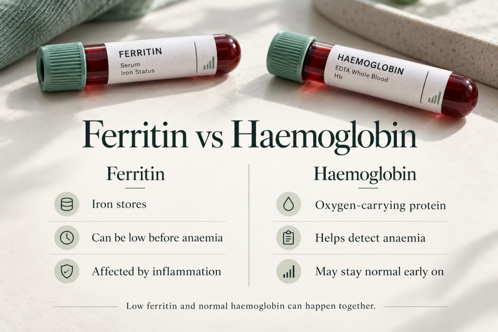 Infographic comparing ferritin and haemoglobin, explaining that ferritin reflects iron stores while haemoglobin helps detect anaemia.