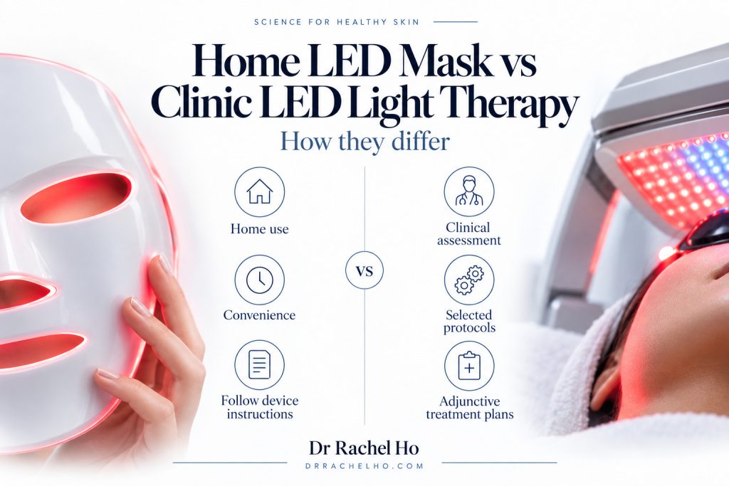 Home LED face mask compared with clinic LED light therapy, including convenience, clinical assessment and treatment protocol differences