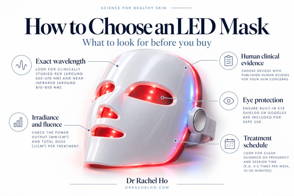 LED face mask guide showing wavelength, irradiance, fluence, human clinical evidence, eye protection and treatment schedule.