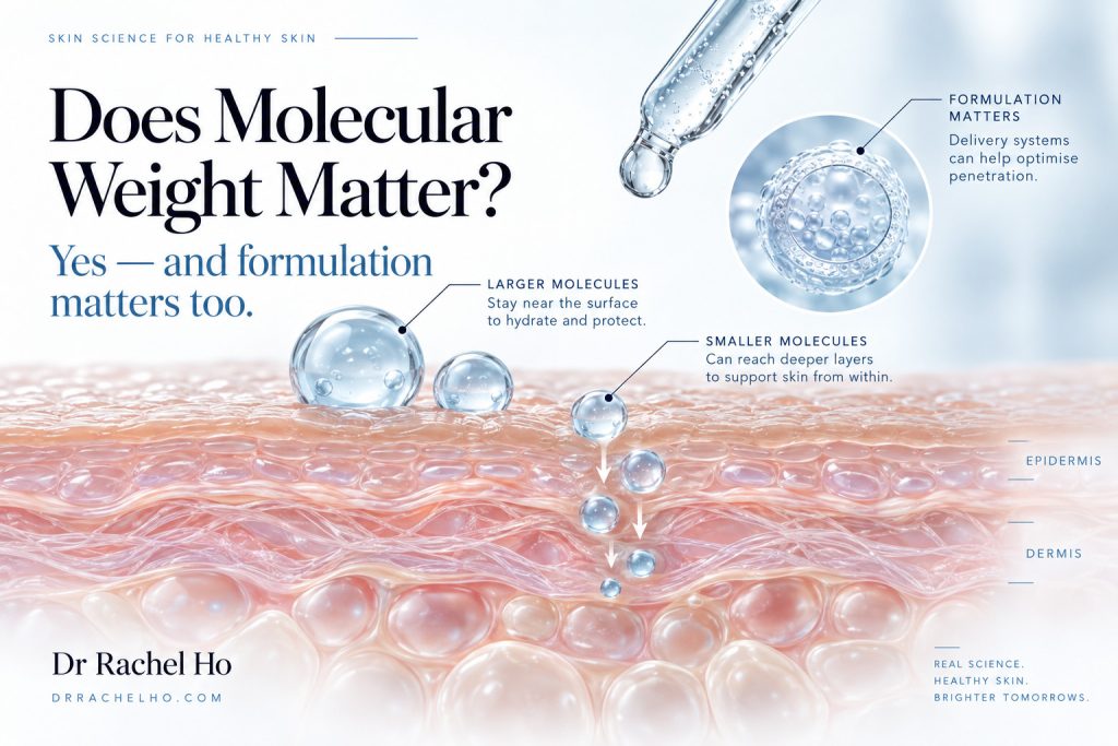 Skin diagram comparing larger and smaller hyaluronic acid molecules and the effect of formulation on penetration.