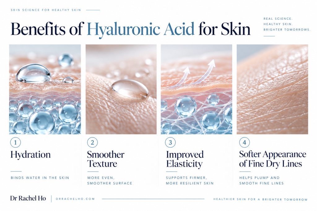 Four benefits of topical hyaluronic acid showing hydration, smoother texture, elasticity and softer fine dry lines.