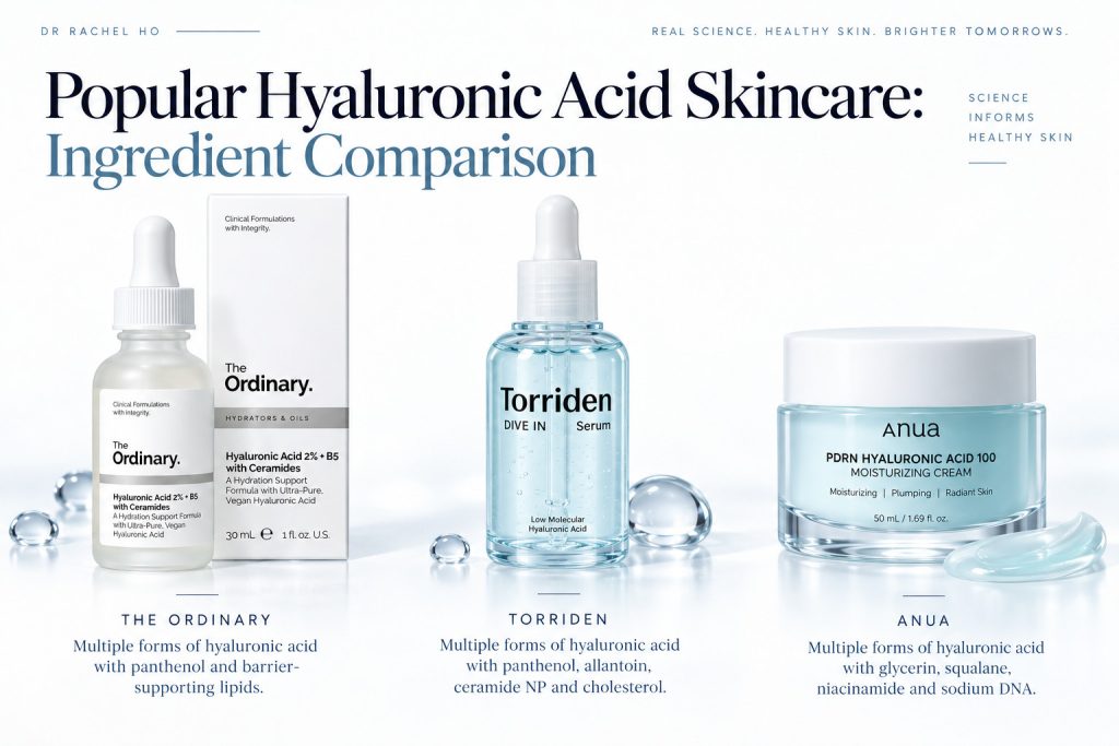 Ingredient comparison of three hyaluronic acid skincare formulations using serums and a moisturising cream.