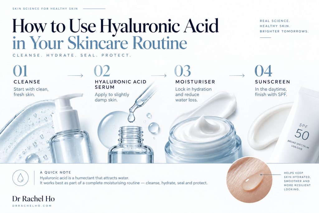 Skincare routine showing cleanser, hyaluronic acid serum, moisturiser and daytime sunscreen in application order.