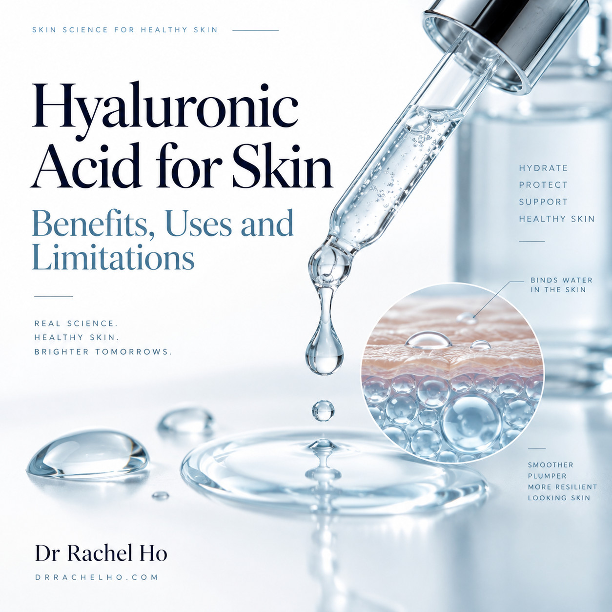 Hyaluronic acid for skin guide showing a serum dropper, water binding and hydrated skin layers.