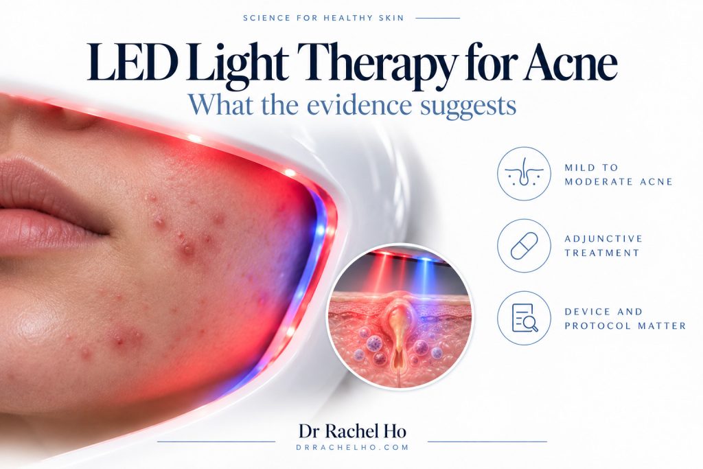 LED light therapy for acne showing red and blue light over acne prone skin with a follicle diagram.