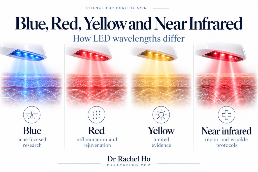 Comparison of blue, red, yellow and near infrared LED wavelengths and their different uses in skin research.