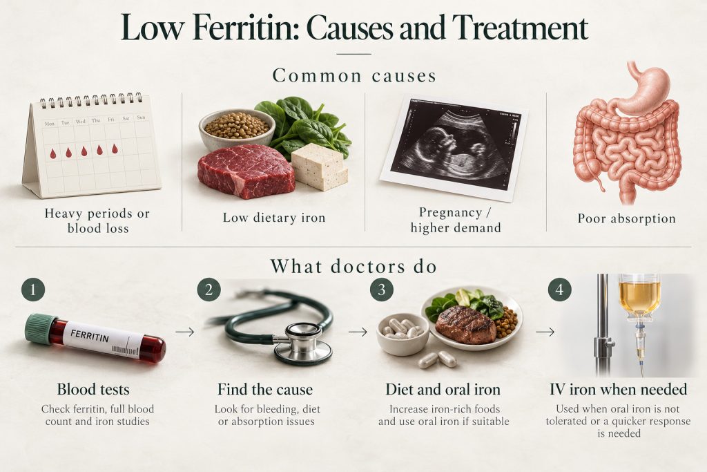 Infographic showing common causes of low ferritin such as heavy periods, low dietary iron, pregnancy and poor absorption, alongside medical evaluation and treatment options.