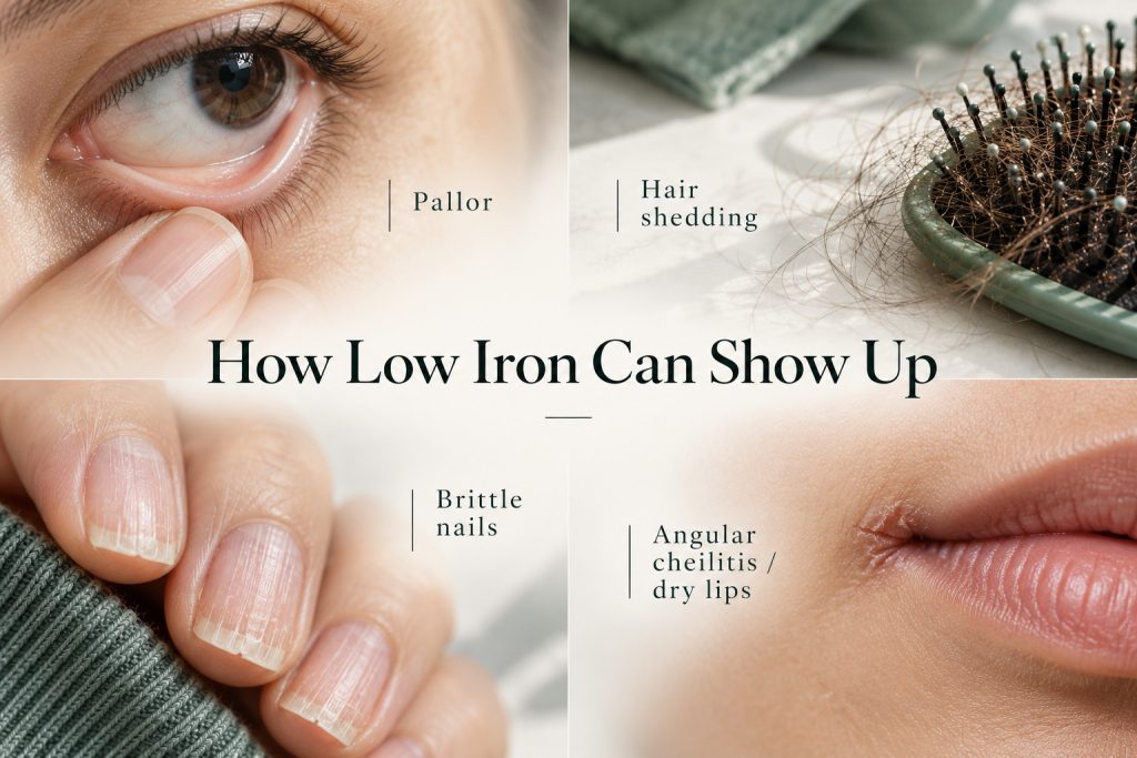 Collage showing pale lower eyelid, hair shedding on a brush, brittle nails and dry cracked lips as signs that can be associated with low iron.