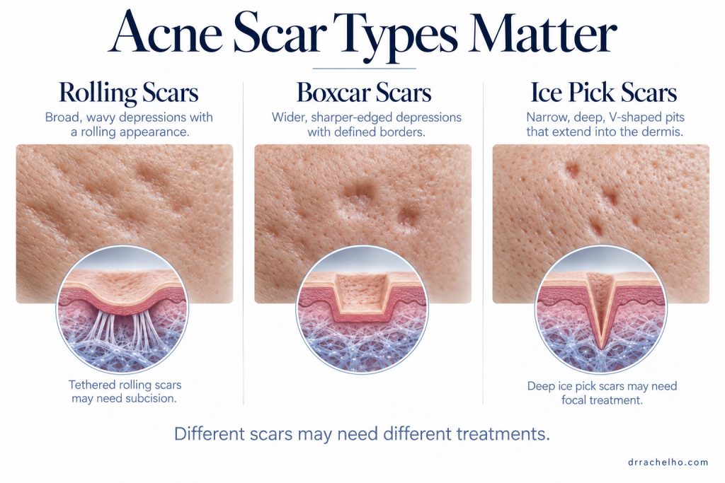 Illustrations of rolling, boxcar and ice pick acne scars, with skin cross-sections showing their different shapes and depths.