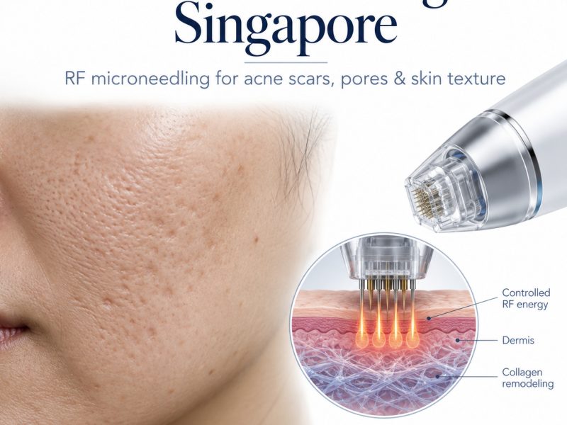 Illustrated microneedling Singapore guide showing an acne-scarred cheek, RF microneedling handpiece and skin cross-section.